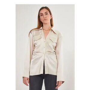 NANUSHKA DARK CHARCOAL GREY SATIN RUCHED BUTTON DOWN BLOUSE